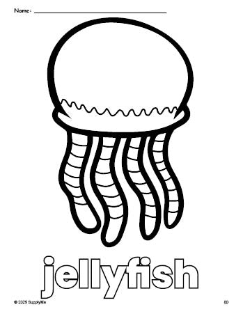 Free printable jellyfish coloring page for preschool, pre-k, and kindergarten, PDF