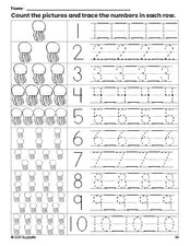 Free printable jellyfish counting worksheet for preschool and pre-k with number tracing practice 1-10, PDF