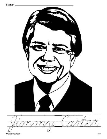 Free printable Jimmy Carter Presidents' Day coloring page and cursive word tracing worksheet, perfect for preschool, pre-k, and kindergarten, PDF