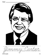 Free printable Jimmy Carter Presidents' Day coloring page and cursive word tracing worksheet, perfect for preschool, pre-k, and kindergarten, PDF