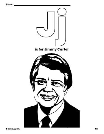 Free printable Jimmy Carter Presidents' Day coloring page, letter j coloring page for preschool, pre-k, and kindergarten, PDF