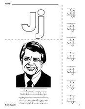 Free printable Jimmy Carter Presidents' Day coloring page and letter tracing worksheet, letter j worksheet for preschool, pre-k, and kindergarten, PDF