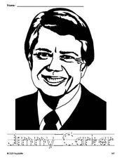 Free printable Jimmy Carter Presidents' Day coloring page and word tracing worksheet, letter formation guides, perfect for preschool, pre-k, and kindergarten, PDF