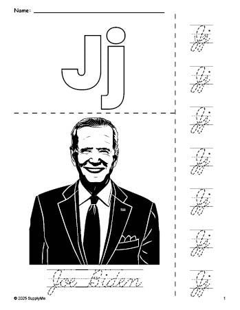 Free printable Joe Biden Presidents' Day coloring page and cursive letter tracing worksheet, letter j worksheet for preschool, pre-k, and kindergarten, PDF