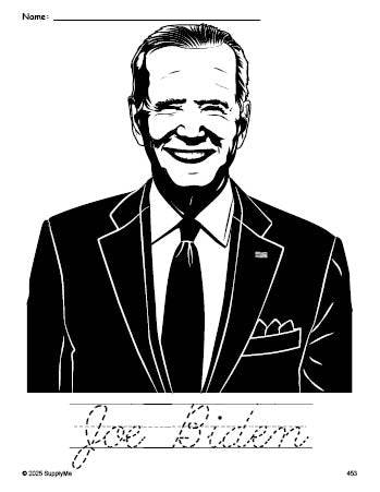 Free printable Joe Biden Presidents' Day coloring page and cursive word tracing worksheet, perfect for preschool, pre-k, and kindergarten, PDF