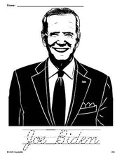 Free printable Joe Biden Presidents' Day coloring page and cursive word tracing worksheet, perfect for preschool, pre-k, and kindergarten, PDF