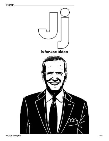 Free printable Joe Biden Presidents' Day coloring page, letter j coloring page for preschool, pre-k, and kindergarten, PDF