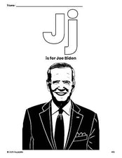 Free printable Joe Biden Presidents' Day coloring page, letter j coloring page for preschool, pre-k, and kindergarten, PDF