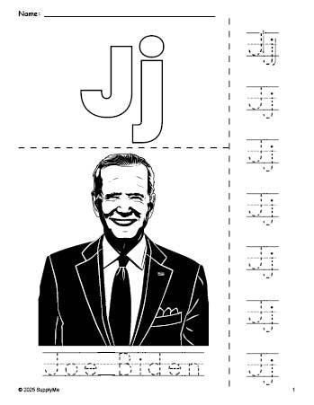 Free printable Joe Biden Presidents' Day coloring page and letter tracing worksheet, letter j worksheet for preschool, pre-k, and kindergarten, PDF