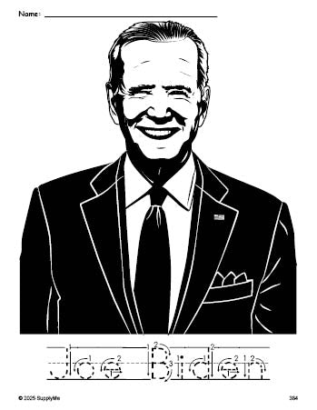 Free printable Joe Biden Presidents' Day coloring page and word tracing worksheet, letter formation guides, perfect for preschool, pre-k, and kindergarten, PDF