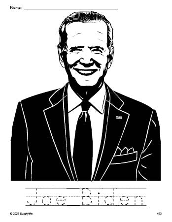 Free printable Joe Biden Presidents' Day coloring page and word tracing worksheet, perfect for preschool, pre-k, and kindergarten, PDF