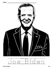 Free printable Joe Biden Presidents' Day coloring page and word tracing worksheet, perfect for preschool, pre-k, and kindergarten, PDF