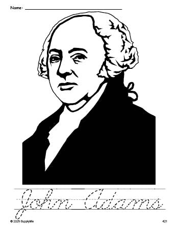 Free printable John Adams Presidents' Day coloring page and cursive word tracing worksheet, perfect for preschool, pre-k, and kindergarten, PDF