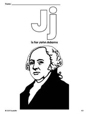 Free printable John Adams Presidents' Day coloring page, letter j coloring page for preschool, pre-k, and kindergarten, PDF