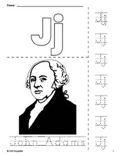 Free printable John Adams Presidents' Day coloring page and letter tracing worksheet, letter j worksheet for preschool, pre-k, and kindergarten, PDF