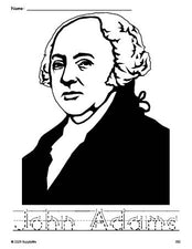 Free printable John Adams Presidents' Day coloring page and word tracing worksheet, letter formation guides, perfect for preschool, pre-k, and kindergarten, PDF