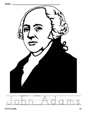 Free printable John Adams Presidents' Day coloring page and word tracing worksheet, perfect for preschool, pre-k, and kindergarten, PDF