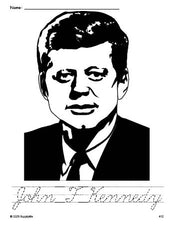 Free printable John F Kennedy Presidents' Day coloring page and cursive word tracing worksheet, perfect for preschool, pre-k, and kindergarten, PDF