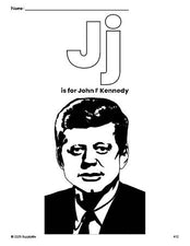 Free printable John F Kennedy Presidents' Day coloring page, letter j coloring page for preschool, pre-k, and kindergarten, PDF