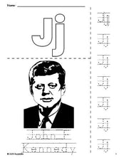 Free printable John F Kennedy Presidents' Day coloring page and letter tracing worksheet, letter j worksheet for preschool, pre-k, and kindergarten, PDF