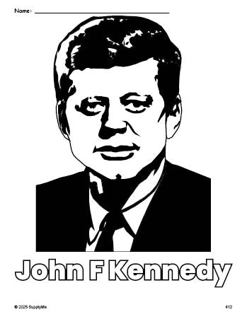 Free printable John F Kennedy Presidents' Day coloring page for preschool, pre-k, and kindergarten, PDF