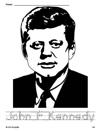 Free printable John F Kennedy Presidents' Day coloring page and word tracing worksheet, letter formation guides, perfect for preschool, pre-k, and kindergarten, PDF