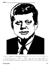 Free printable John F Kennedy Presidents' Day coloring page and word tracing worksheet, perfect for preschool, pre-k, and kindergarten, PDF