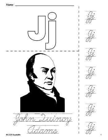 Free printable John Quincy Adams Presidents' Day coloring page and cursive letter tracing worksheet, letter j worksheet for preschool, pre-k, and kindergarten, PDF