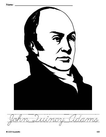 Free printable John Quincy Adams Presidents' Day coloring page and cursive word tracing worksheet, perfect for preschool, pre-k, and kindergarten, PDF