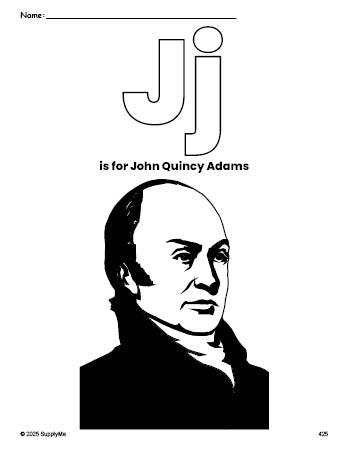 Free printable John Quincy Adams Presidents' Day coloring page, letter j coloring page for preschool, pre-k, and kindergarten, PDF