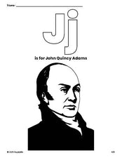 Free printable John Quincy Adams Presidents' Day coloring page, letter j coloring page for preschool, pre-k, and kindergarten, PDF