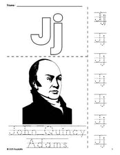 Free printable John Quincy Adams Presidents' Day coloring page and letter tracing worksheet, letter j worksheet for preschool, pre-k, and kindergarten, PDF