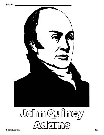 Free printable John Quincy Adams Presidents' Day coloring page for preschool, pre-k, and kindergarten, PDF