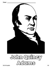 Free printable John Quincy Adams Presidents' Day coloring page for preschool, pre-k, and kindergarten, PDF