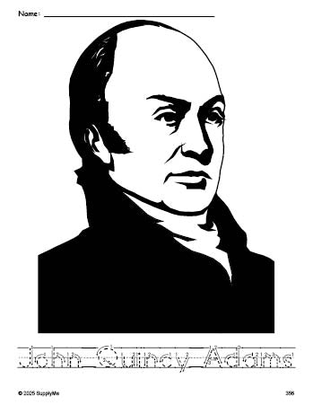 Free printable John Quincy Adams Presidents' Day coloring page and word tracing worksheet, letter formation guides, perfect for preschool, pre-k, and kindergarten, PDF