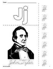 Free printable John Tyler Presidents' Day coloring page and cursive letter tracing worksheet, letter j worksheet for preschool, pre-k, and kindergarten, PDF