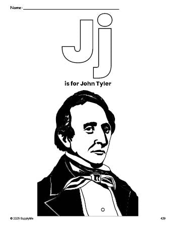 Free printable John Tyler Presidents' Day coloring page, letter j coloring page for preschool, pre-k, and kindergarten, PDF