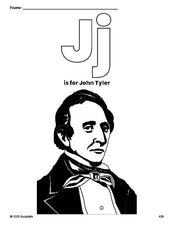 Free printable John Tyler Presidents' Day coloring page, letter j coloring page for preschool, pre-k, and kindergarten, PDF