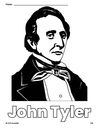 Free printable John Tyler Presidents' Day coloring page for preschool, pre-k, and kindergarten, PDF