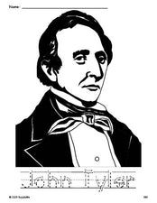 Free printable John Tyler Presidents' Day coloring page and word tracing worksheet, letter formation guides, perfect for preschool, pre-k, and kindergarten, PDF