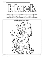 Free king color black coloring page and color worksheet, black worksheet for preschoolers to learn colors, printable PDF