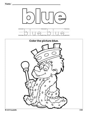 Free king color blue coloring page and color worksheet, blue worksheet for preschoolers to learn colors, printable PDF