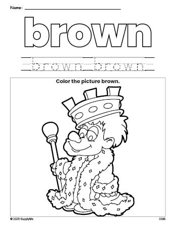 Free king color brown coloring page and color worksheet, brown worksheet for preschoolers to learn colors, printable PDF