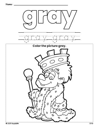 Free king color gray coloring page and color worksheet, gray worksheet for preschoolers to learn colors, printable PDF