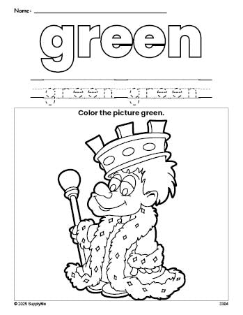 Free king color green coloring page and color worksheet, green worksheet for preschoolers to learn colors, printable PDF