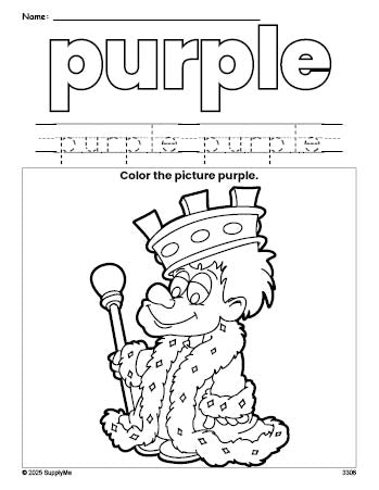 Free king color purple coloring page and color worksheet, purple worksheet for preschoolers to learn colors, printable PDF