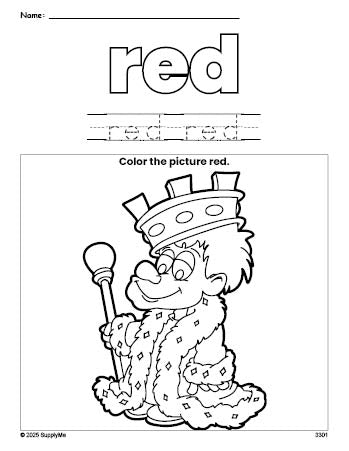 Free king color red coloring page and color worksheet, red worksheet for preschoolers to learn colors, printable PDF