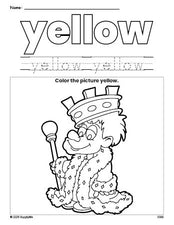 Free king color yellow coloring page and color worksheet, yellow worksheet for preschoolers to learn colors, printable PDF