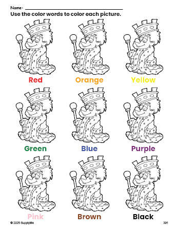 Free king coloring page and color worksheet for preschoolers to learn colors, printable PDF