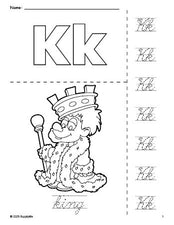 Free printable king coloring page and cursive letter tracing worksheet, letter k worksheet for preschool, pre-k, and kindergarten, PDF